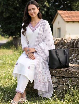 women ethnic motifs embroidered regular thread work cotton kurta with trousers & with dupatta 5