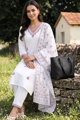 women ethnic motifs embroidered regular thread work cotton kurta with trousers & with dupatta