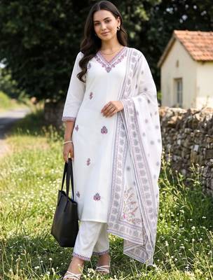 women ethnic motifs embroidered regular thread work cotton kurta with trousers & with dupatta 6