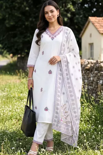 women ethnic motifs embroidered regular thread work cotton kurta with trousers & with dupatta