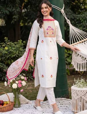 women ethnic motifs embroidered regular thread work cotton kurta with trousers & with dupatta 1