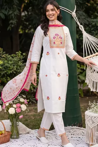 women ethnic motifs embroidered regular thread work cotton kurta with trousers & with dupatta