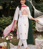women ethnic motifs embroidered regular thread work cotton kurta with trousers & with dupatta