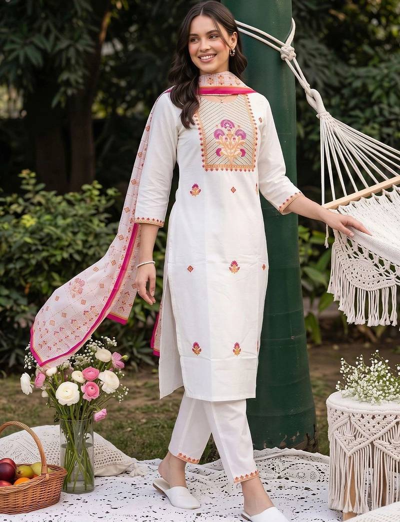 women ethnic motifs embroidered regular thread work cotton kurta with trousers & with dupatta