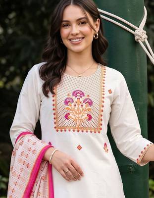 women ethnic motifs embroidered regular thread work cotton kurta with trousers & with dupatta 2