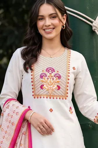 women ethnic motifs embroidered regular thread work cotton kurta with trousers & with dupatta