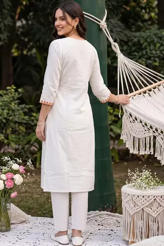 women ethnic motifs embroidered regular thread work cotton kurta with trousers & with dupatta