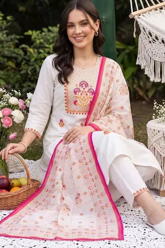 women ethnic motifs embroidered regular thread work cotton kurta with trousers & with dupatta