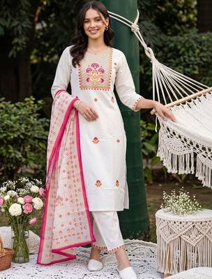 women ethnic motifs embroidered regular thread work cotton kurta with trousers & with dupatta 6