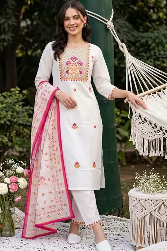 women ethnic motifs embroidered regular thread work cotton kurta with trousers & with dupatta