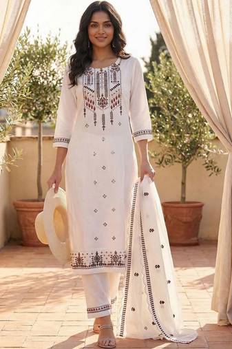 women ethnic motifs embroidered regular mirror work cotton kurta with trousers & with dupatta
