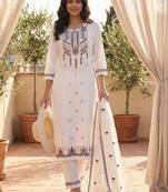 women ethnic motifs embroidered regular mirror work cotton kurta with trousers & with dupatta