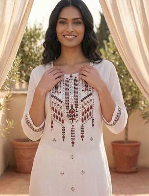 women ethnic motifs embroidered regular mirror work cotton kurta with trousers & with dupatta 3