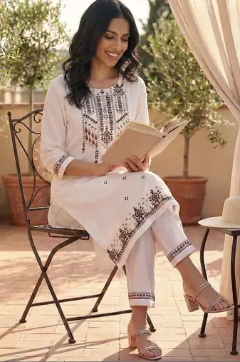 women ethnic motifs embroidered regular mirror work cotton kurta with trousers & with dupatta