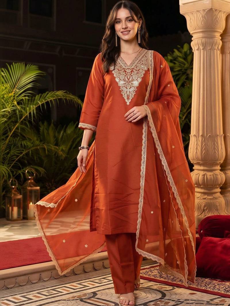 women ethnic motifs embroidered regular kurta with trousers & with dupatta