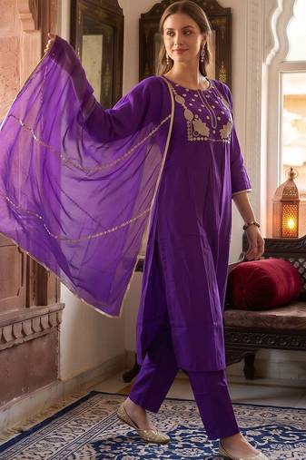 women ethnic motifs embroidered regular thread work liva kurta with trousers & with dupatta