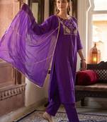women ethnic motifs embroidered regular thread work liva kurta with trousers & with dupatta