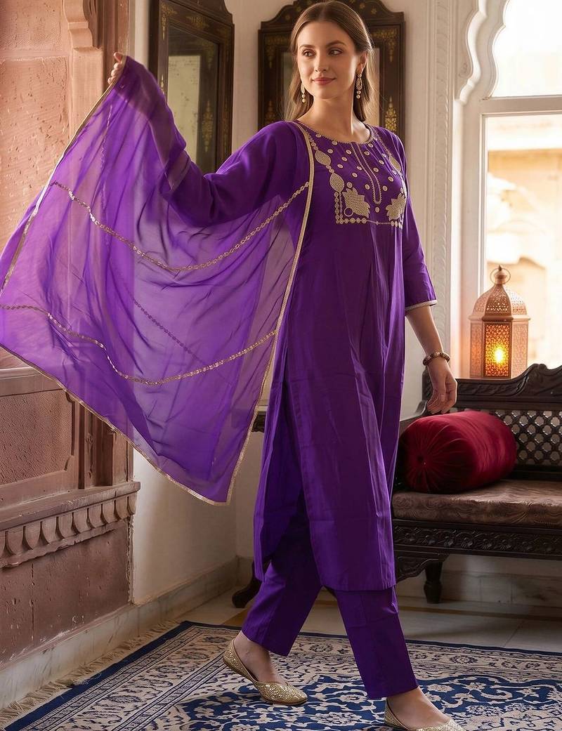 women ethnic motifs embroidered regular thread work liva kurta with trousers & with dupatta