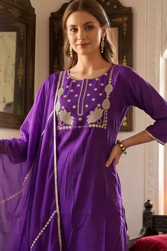 women ethnic motifs embroidered regular thread work liva kurta with trousers & with dupatta
