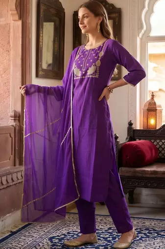 women ethnic motifs embroidered regular thread work liva kurta with trousers & with dupatta