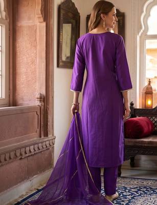 women ethnic motifs embroidered regular thread work liva kurta with trousers & with dupatta 4