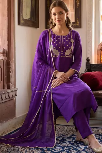 women ethnic motifs embroidered regular thread work liva kurta with trousers & with dupatta