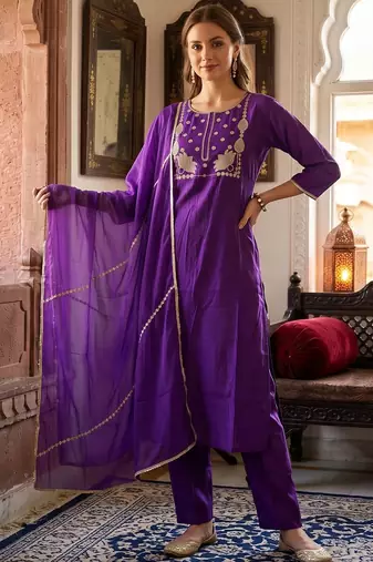 women ethnic motifs embroidered regular thread work liva kurta with trousers & with dupatta