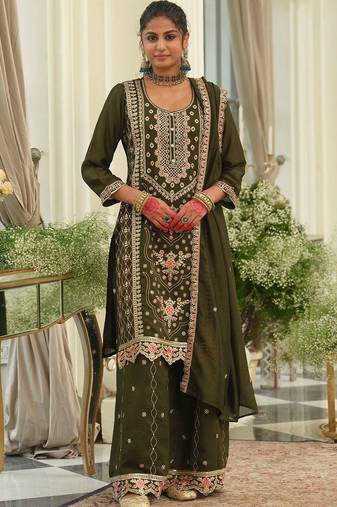 women ethnic motifs embroidered regular thread work kurta with palazzos & with dupatta