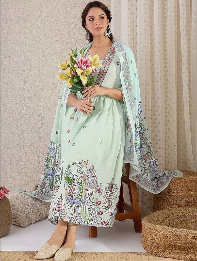 women ethnic motifs printed empire cotton kurta with trousers & with dupatta