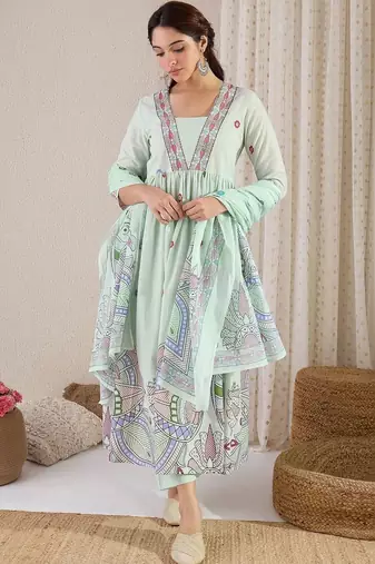 women ethnic motifs printed empire cotton kurta with trousers & with dupatta