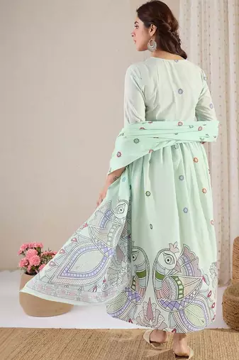 women ethnic motifs printed empire cotton kurta with trousers & with dupatta