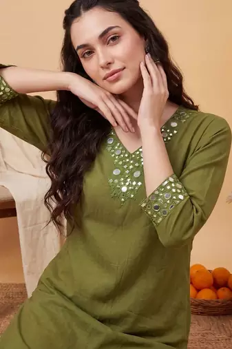 women ethnic motifs regular mirror work kurta with trousers