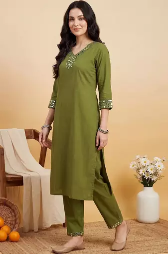 women ethnic motifs regular mirror work kurta with trousers