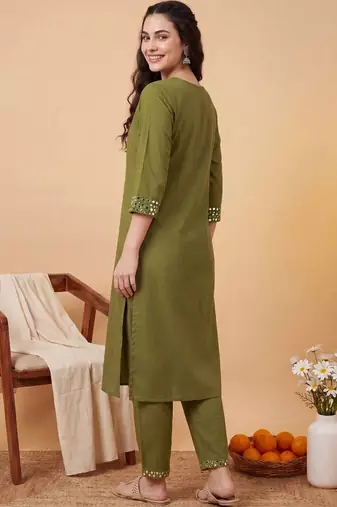 women ethnic motifs regular mirror work kurta with trousers