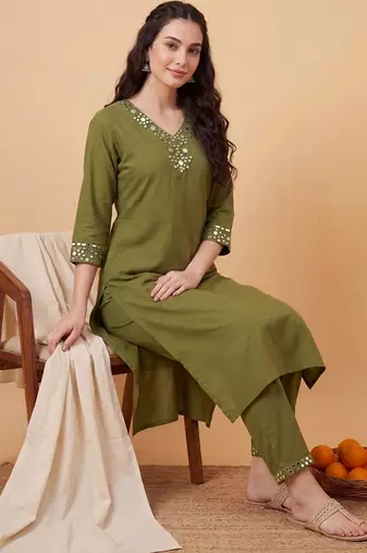 women ethnic motifs regular mirror work kurta with trousers