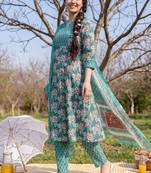 women floral printed regular cotton kurta with trousers & with dupatta