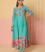 women floral printed empire thread work cotton kurta with trousers & dupatta