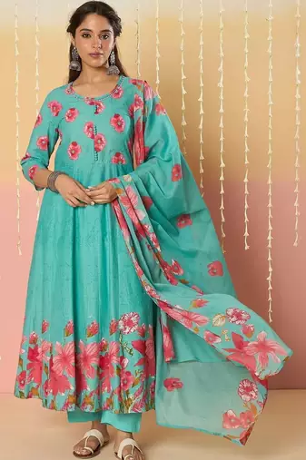 women floral printed empire thread work cotton kurta with trousers & dupatta