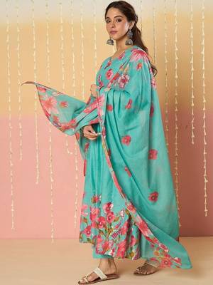 women floral printed empire thread work cotton kurta with trousers & dupatta 6