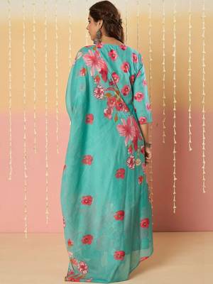 women floral printed empire thread work cotton kurta with trousers & dupatta 7