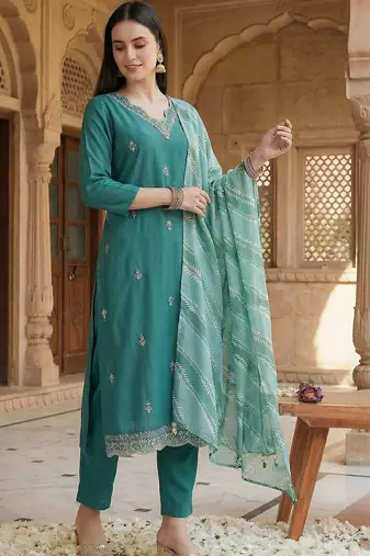women ethnic motifs embroidered regular thread work kurta with trousers & with dupatta