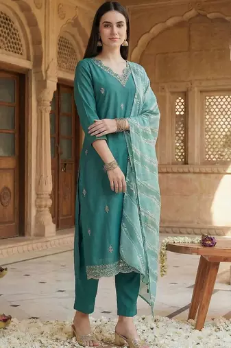 women ethnic motifs embroidered regular thread work kurta with trousers & with dupatta