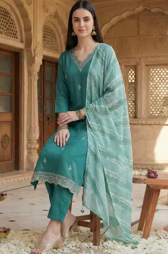 women ethnic motifs embroidered regular thread work kurta with trousers & with dupatta