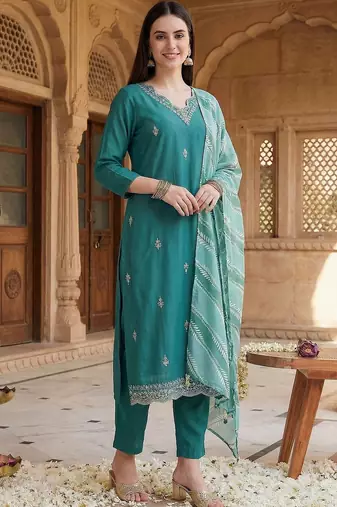 women ethnic motifs embroidered regular thread work kurta with trousers & with dupatta