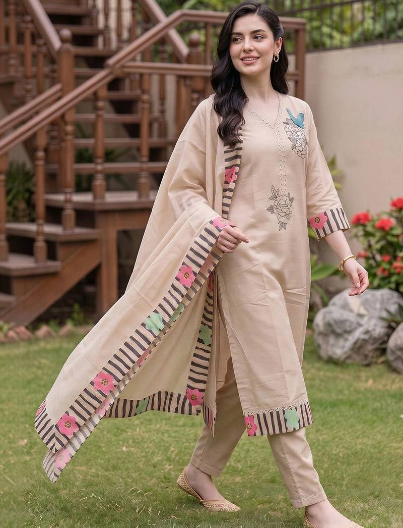 women ethnic motifs embroidered regular thread work kurta with trousers & with dupatta