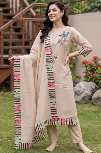 women ethnic motifs embroidered regular thread work kurta with trousers & with dupatta