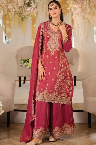 women ethnic motifs embroidered regular thread work kurta with palazzos & with dupatta