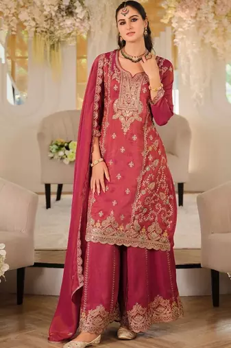 women ethnic motifs embroidered regular thread work kurta with palazzos & with dupatta