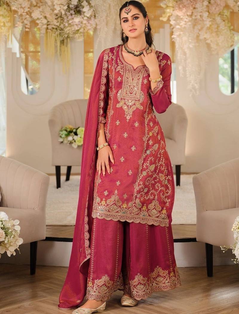 women ethnic motifs embroidered regular thread work kurta with palazzos & with dupatta