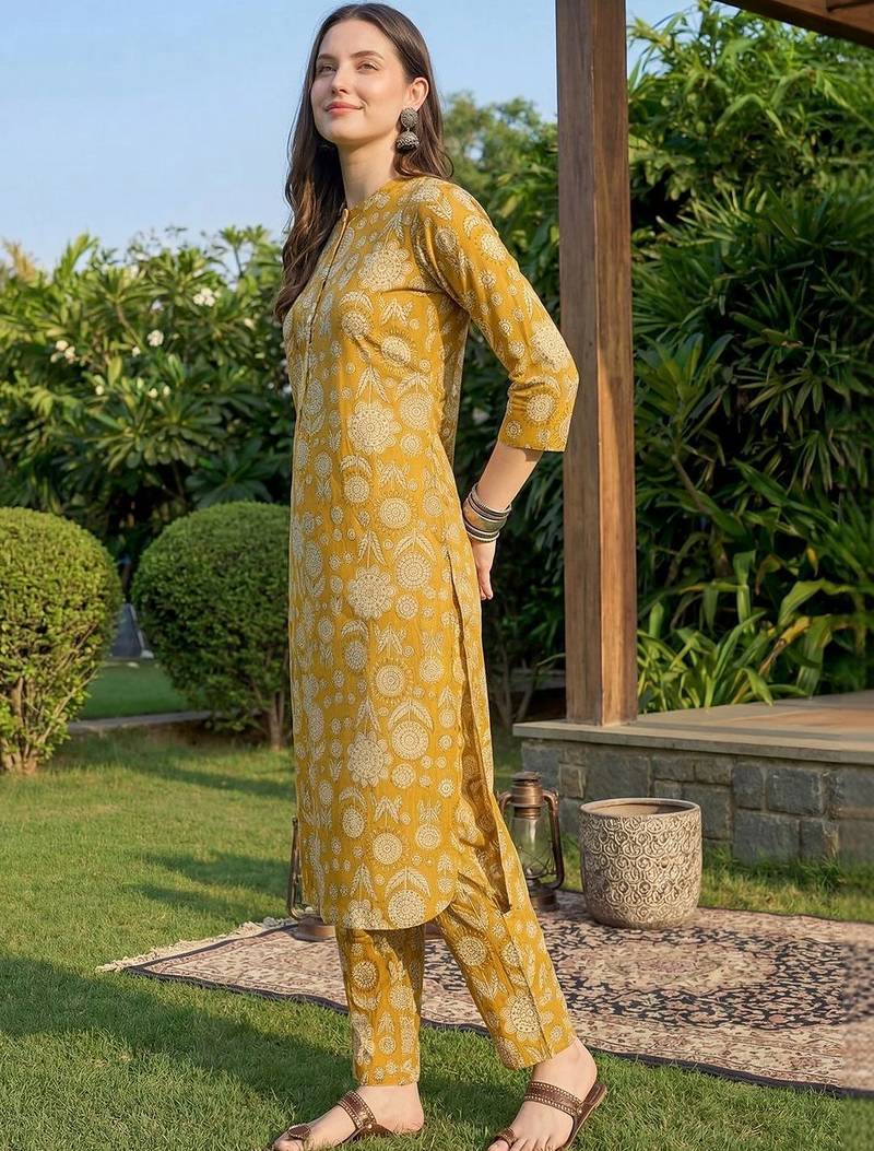 women ethnic motifs printed regular cotton kurta with trousers
